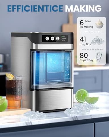 Walkmax Nugget Ice Maker Countertop with Handle,Chewable Crunchable Countertop Nugget Ice Maker,41Lbs/24H, Self-Cleaning, One-Click Operation, Stainless Steel,Ideal for Parties, Kitchens, Bars, Silver - Image 2