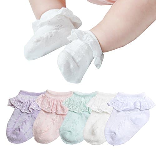 EPEIUS 5 Pack Baby-Girls Eyelet Frilly Lace Socks Newborn Princess Ankle Socks for 0-3 Months,Bow Pattern,White/Ivory/Pink/Purple/Green,Shoe Size 0-1 - Image 1
