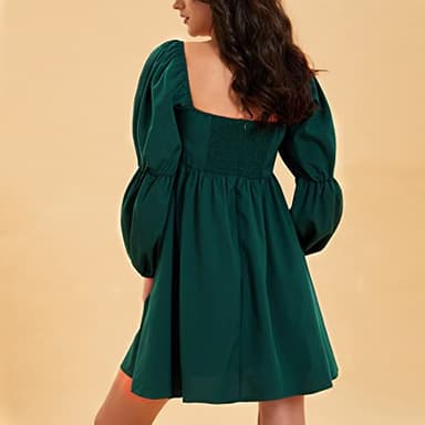 EXLURA Womens 2024 Casual Long Puff Sleeve Dress A-Line Square Neck Short Mini Dress Dark Green - Image 5