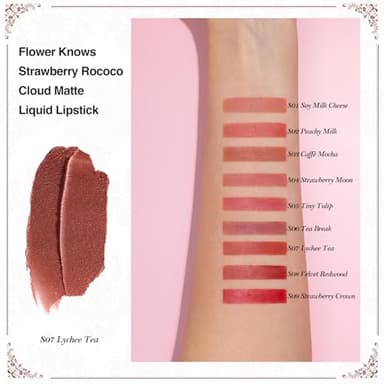 Flower Knows Strawberry Rococo Cloud Lip Cream,Velvety Matte Liquid Lipstick,Red Lipstick,Long Lasting Lip Stain,Kiss-proof Blurred Lipstick for Girls&Women,0.12 Fl Oz(S07 Lychee Tea) - Image 4