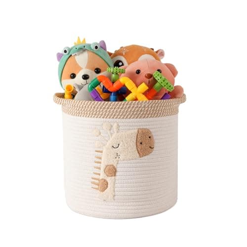 INough Toy Storage Baskets Woven Cotton Rope Storage Basket for Kids, Blanket Baskets for Living Room Toys Organizer with Embroidery Decor, Cute Baskets with Handle for Nursery, Playroom (Giraffe) - Image 1