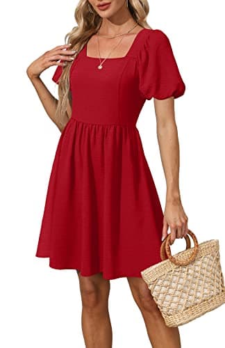 OFEEFAN Casual Summer Dresses for Women Puff Sleeve Zipper Side Square Neck Dress with Tie Bow Red L - Image 4
