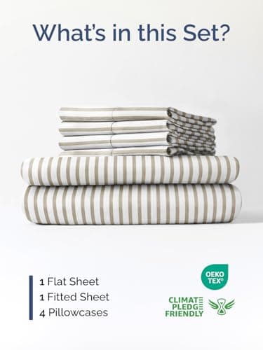 Extra Deep King Sheet Set - 6 Piece Breathable and Cooling Sheets - Hotel Luxury Bed Sheets Set - Easy Fit - Soft, Wrinkle Free and Comfy Sheets Set - Beige Striped Sheet Set with Extra Deep Pockets - Image 2