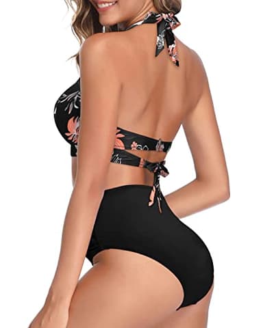 Tempt Me Women's Vintage Swimsuits Floral Black Retro Halter Ruched High Waist Bikini with Bottom L - Image 4
