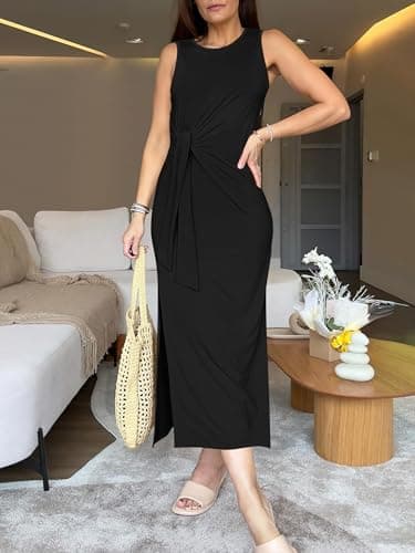 ANRABESS Womens Summer Casual Sleeveless T Shirt Midi Dress Slim Fit Tie Waist Split Tank Long Dresses 2025 Vacation Sundress Black Medium - Image 2