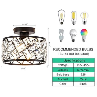 Rpzloila Crystal Ceiling Light Fixture, Modern Semi Flush Mount Ceiling Light,Crystal Chandelier for Kitchen Bedroom Bathroom Entryway, Black Finish - Image 5