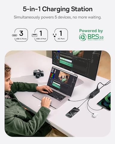 Baseus Charging Station 100W, 5 in 1 Travel Power Strip USB C Charger, with 5ft Detachable Extension Cord, Flat Plug, 2 Outlets AC Power for Cruise, Home, Dorm and Office - PowerCombo Mini - Image 3