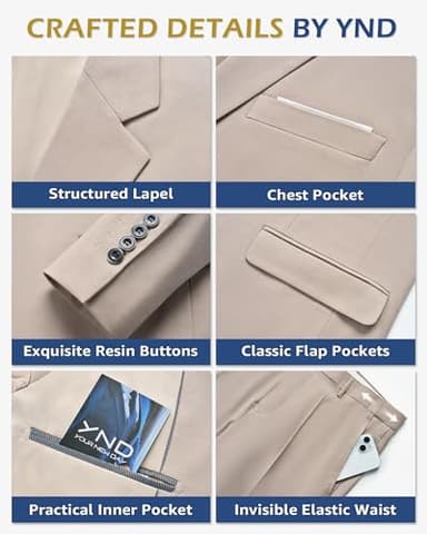 YND Men's Slim Fit 2 Button 3 Piece Suit Set, Blazer Jacket Vest Pants and Tie, Solid Wedding Dress Tux and Trousers Beige - Image 3