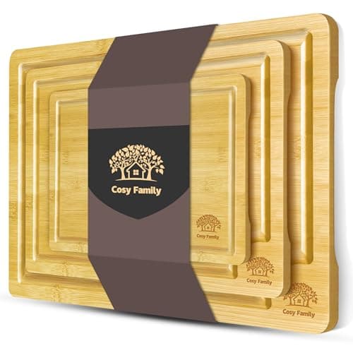Cosy Family Wood Cutting Boards for Kitchen - Set of 3 - Bamboo Cutting Boards with Juice Groove, Serving Board Set, Thick Chopping Board for Meat, Veggies, Easy to clean - Image 1