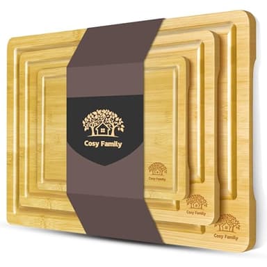 Cosy Family Wood Cutting Boards for Kitchen - Set of 3 - Bamboo Cutting Boards with Juice Groove, Serving Board Set, Thick Chopping Board for Meat, Veggies, Easy to clean - Image 1