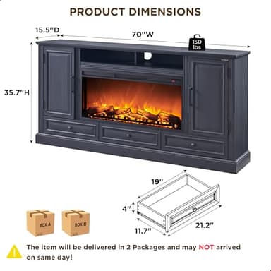 ACCOHOHO Fireplace TV Stand for 80 Inch TV, 35.7" Tall Farmhouse Entertainment Center W/36'' Electric Fireplace, Media Console with Large Storage Cabinets and Drawers for Living Room, Black - Image 2