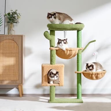 Heybly Cat Tree, 39.4 Inches Cactus Tower Condo with Scratching Post, Cat Tower for Indoor Cats, Fully Wrapped Sisal Pole, Soft Platform, 2 Baskets and Dangling Toy, Green and Yellow HCT006SGY - Image 9