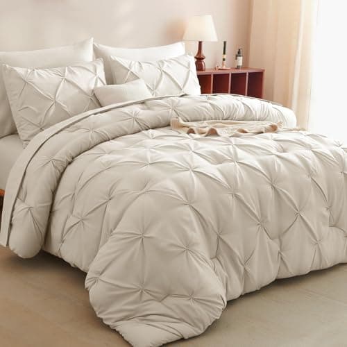 CozyLux King Size Comforter Set Beige, 7 Pieces Bed in A Bag Beige Comforter King Size, Pinch Pleat Bedding Set with All Season Comforter, Sheets, Pillowcases & Shams - Image 1