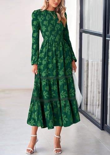 PRETTYGARDEN Long Sleeve Dress for Women 2025 Fall Elegant Modest Floral Boho Smocked Flowy Wedding Guest Midi Dresses (Dark Green,X-Large) - Image 3