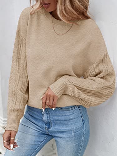 ZESICA Women's 2025 Fall Long Sleeve Crew Neck Solid Color Cable Knit Chunky Casual Oversized Pullover Sweater Tops Oatmeal Small - Image 2