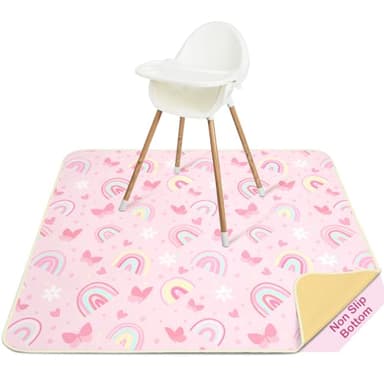 Basumee Splat Mat High Chair Mat Waterproof Baby Play Splat Mat for Under High Chair Food Catcher Highchair Mat for Floor Non Slip Bottom, Pink Rainbow, 46x42 Inches - Image 1