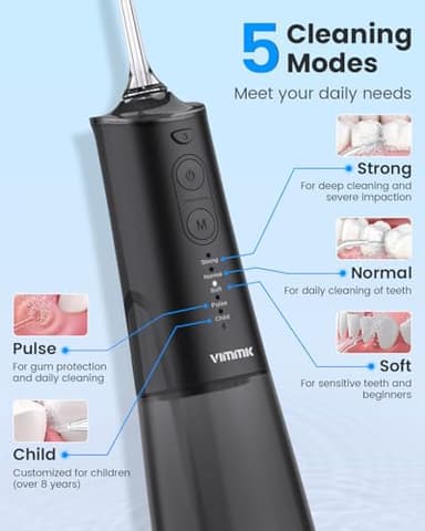 VIMMK Water Flosser, Cordless Water Dental Flosser, 9 Jet Tips 5 Modes 300ML IPX7 Waterproof, Portable Rechargeable Oral Irrigator for Home Travel - Gums, Orthodontic, Braces Care - Black - Image 4