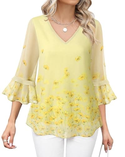 Bebonnie Women Blouses Dressy Casual Tops: Womens Ruffle 3/4 Sleeve V Neck Double Layers - Dressy Tops for Women for Evening Party Wedding - Spring Tunic Tops to Wear with Leggings Multi Yellow L - Image 1