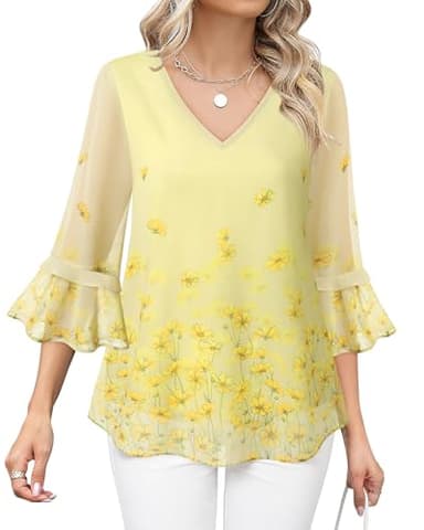Bebonnie Women Blouses Dressy Casual Tops: Womens Ruffle 3/4 Sleeve V Neck Double Layers - Dressy Tops for Women for Evening Party Wedding - Spring Tunic Tops to Wear with Leggings Multi Yellow L - Image 1