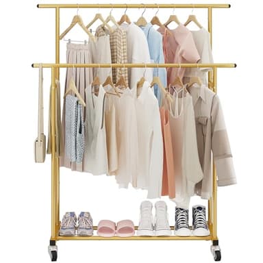 Calmootey Double Rod Clothing Garment Rack,Rolling Hanging Clothes Rack,Portable Clothes Organizer for Bedroom,Living Room,Clothing Store,Gold - Image 2