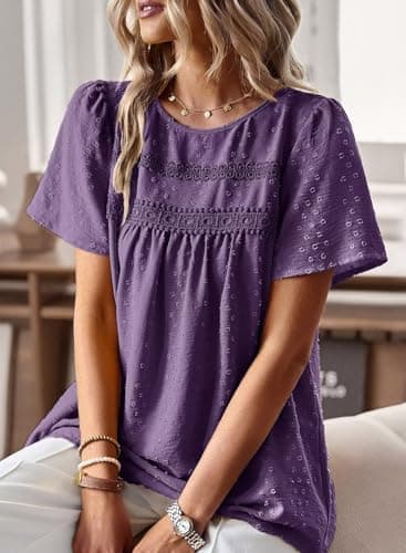 Falechay Boho Tops for Women Round Neck Tunic Tops for Women Loose Fit Dark Purple Shirts Pom Pom Swiss Dot Short Sleeve Summer Blouses Clothes L - Image 2