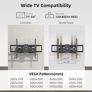 Full Motion TV Wall Mount for Most 37"-84" Flat Screen TV, Swivel or Tilt Wall Bracket with Dual Articulating Arms, for 12"-16" Wood Studs, Max VESA 600x400mm, Load 120 lbs by USX MOUNT - Image 6