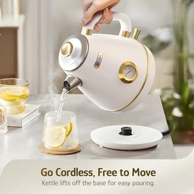 Hazel Quinn Retro Electric Kettle - 1.7 Liters / 57.5 Ounces Tea Kettle with Thermometer, All Stainless Steel, 1200 Watts Fast Boiling, BPA-free, Cordless, Automatic Shut Off - Pearl White - Image 7