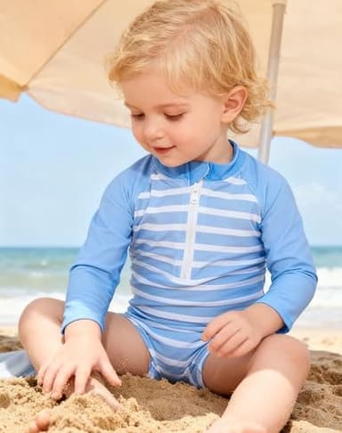 uideazone Baby Boys Long Sleeve Swimsuit Blue Striped One Piece Surfing Suits Beach Swimwear Rash Guard , 2-3T - Image 3