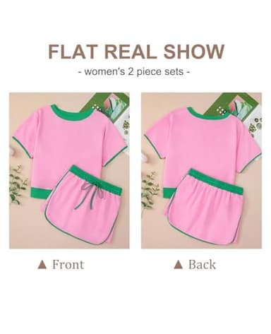 SELINK Lounge Sets for Women 2 Piece Skirt Colorblock Drop Shoulder T Shirt and Skort Set Summer Tracksuits Brown-S - Image 3