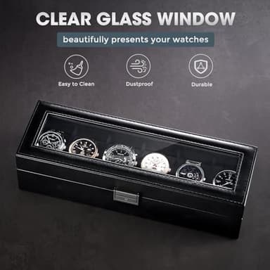 ProCase 6 Slot Watch Case Box for Men, PU leather Man Watch Organizer with Soft Pillow, Lockable Watch Collection Storage Holder with Glass Display Lid -AllBlack - Image 2