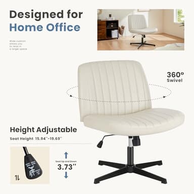 DUMOS Criss Cross Chair Legged Office Wide Comfy Desk Seat, No Wheels Armless Computer Task Seating, Swivel PU Leather Vanity Home Height Adjustable - Image 5