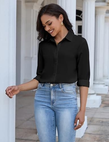 YAMANMAN Women's Button Down Shirt Classic Long Sleeve Collared Tops Work Office Chiffon Blouse Black - Image 5