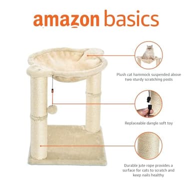 Amazon Basics Cat Condo Tower with Hammock Bed and Scratching Post,Easy to Assemble,Plush Hammock,Interactive Hanging Ball,Durable Sisal Scratch Posts for Indoor Cats, 15.8 x 15.8 x 19.7 Inches, Beige - Image 2