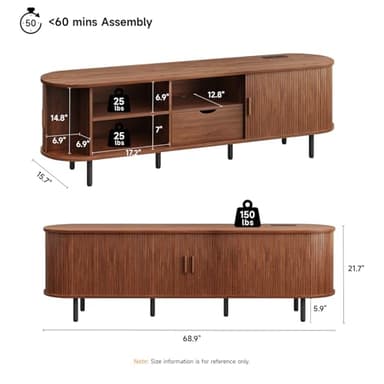 ONBRILL 69" TV Stand with Power Outlet for TVs up to 80", Entertainment Center with Storage and Drawer, TV Console with Adjustable Shelves and Sliding Door, TV Stand for Living Room, Bedroom, Walnut - Image 2
