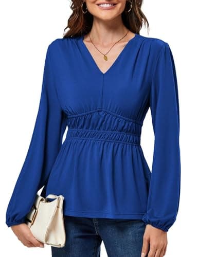 Womens Blouses 2024 Long Sleeve V Neck Long Sleeve Casual Shirts Formal Office Tops for Work Royal Blue XL - Image 1