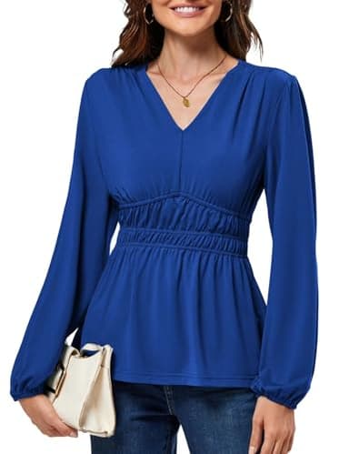 Womens Blouses 2024 Long Sleeve V Neck Long Sleeve Casual Shirts Formal Office Tops for Work Royal Blue XL - Image 1