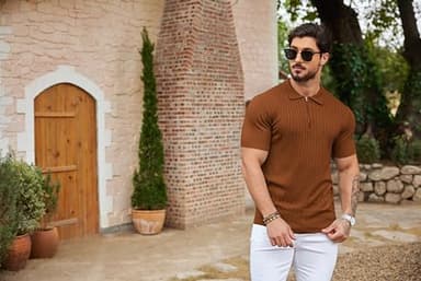 COOFANDY Men's Zipper Polo Shirts Short Sleeve Ribbed Knit Polo T Shirts Fashion Casual Golf Shirts Brown - Image 6