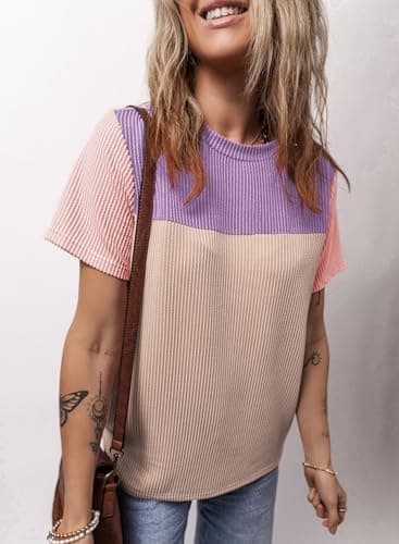 Dokotoo Womens Tops Colorblock Crewneck Short Shirt Spring Sweatshirts Business Casual Loose Ladies Clothes Shirts Summer Outfits for Women Trendy Purple Large - Image 3