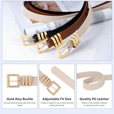 Huyfhksd 3 Pack Women Leather Belt for Jeans Pants Dresses Fashion Ladies Waist Belts with Gold Buckle, L, FBlack/Brown/Beige(Square) - Image 2