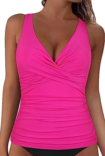 Hilor Supportive Swimsuits Built in Bra Underwire Tankini Tops for Women Swimwear Top Only Hot Pink Tummy Control Bathing Suit 22 - Image 2
