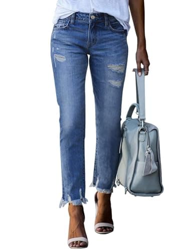 EVALESS Jeans for Women High Waisted Stretchy Ripped Distressed Tummy Control Straight Ankle Jean Capris 2025 Blue Size 14 - Image 1