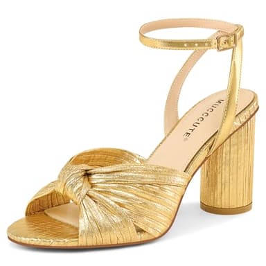 MUCCCUTE Gold Heels with Bow Heeled Sandals Chunky Heels for Women Open Toe Ankle Strap Wedding Bridal Dressy Sandal Size 9.5 - Image 1