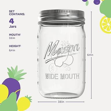 Wide Mouth Mason Jars 32 oz [4 Pack] With Mason Jar Lids and Bands, Mason Jars 32 oz - For Canning, Fermenting, Pickling - Jar Decor - Microwave/Freeze/Dishwasher Safe. - Image 6