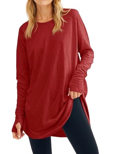 Fisoew Women's Casual Long Sleeve Tops Crew Neck Round Hem Loose T-Shirts Tunic Tops with Thumb Holes Red - Image 1