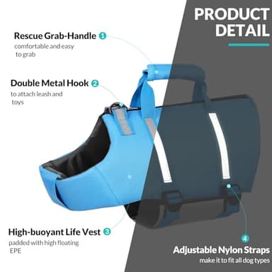 Queenmore Dog Life Jacket, M Dog Life Vest,High Floating Pet Life Vest for Swimming,Lightweight Adjustable Puppy Life Preserver for Boating,Dog Water Vest with Back Zip,Rescue Handle,Hook (Blue M) - Image 5