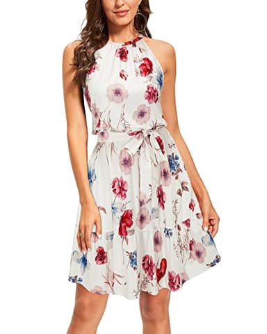 Newshows Women's 2025 Summer Dress Halter Casual Beach Vacation Outfits Hawaiian Dresses Ruffle Belted Sundress with Pockets(Floral-4, L) - Image 3