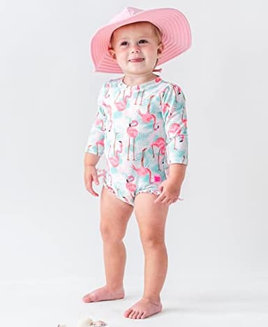 RuffleButts Baby Girls UPF 50+ Sun Protection Tropical Print Long Sleeve One Piece Rash Guard Swimsuit with Zipper - Vibrant Flamingo, 2T - Image 3