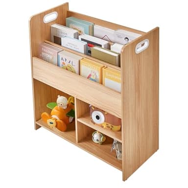 VECELO Wooden Children’s Bookshelf - Kids Book Organizer with 3-Tier Display and 2-Tier Storage Compartments, Easy-to-Access Toddler Bookcase for Playroom, Bedroom, or Nursery - Teak - Image 4