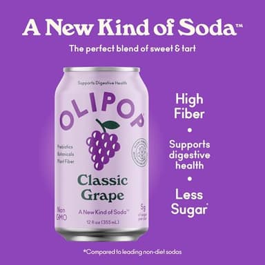 OLIPOP Prebiotic Soda Pop, Classic Grape, Pantry Pack Packed with Prebiotics, Fiber, and Botanicals, Gluten Free, Vegan, GMO Free, 12oz (12-Cans) - Image 3