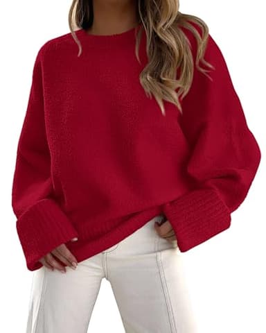 PRETTYGARDEN Women's Fall Oversized Sweaters Casual Crewneck Pullover Long Sleeve Fuzzy Chunky Knit Tops Blouse (Red,Medium) - Image 1